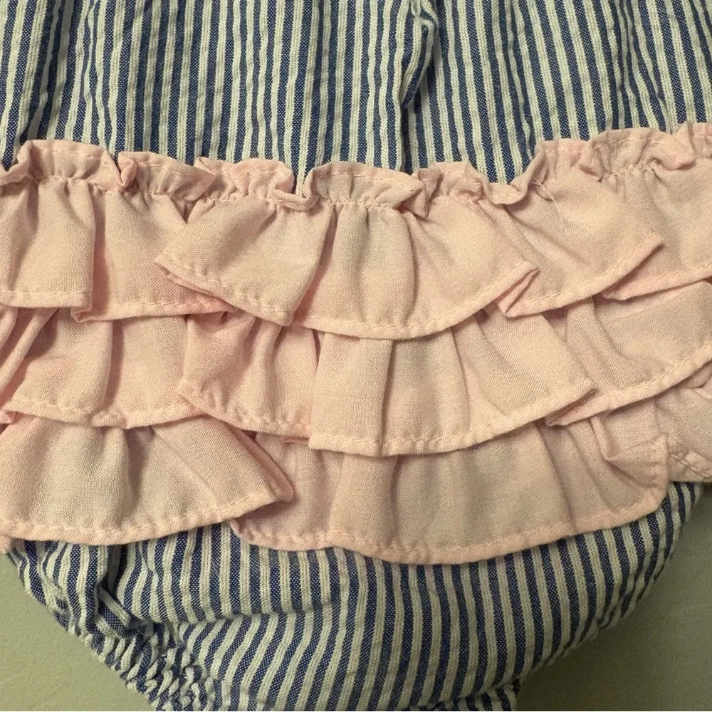 ⭐️Ruffle Butts blue and white striped pink bow ruffle romper 0-3 months